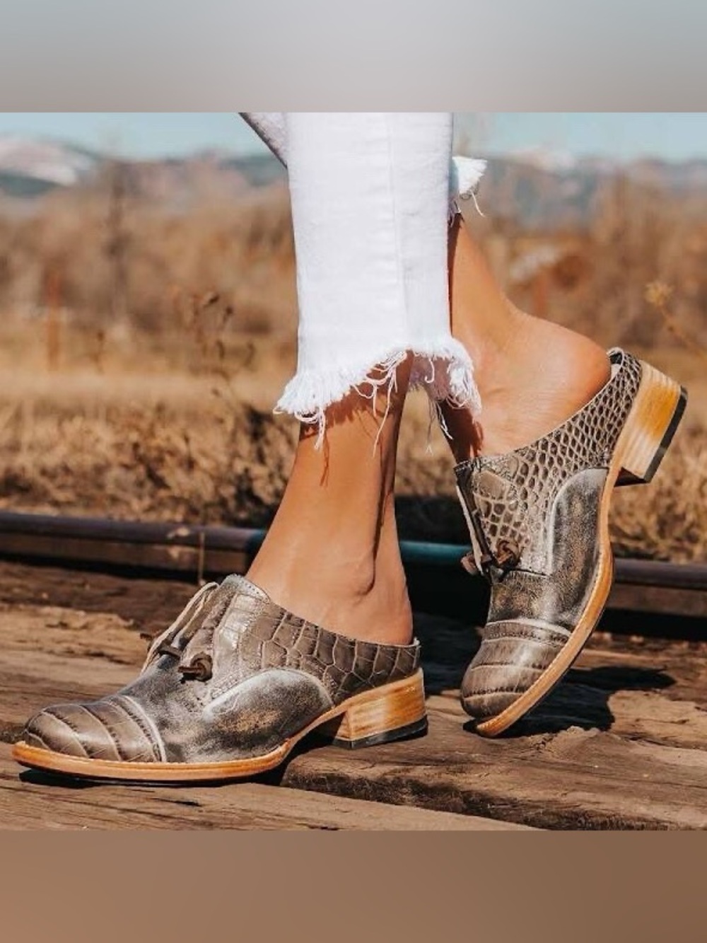 Freebird Womens Malena Western Gray Leather Stacked Block Heel Slip On Mules 7